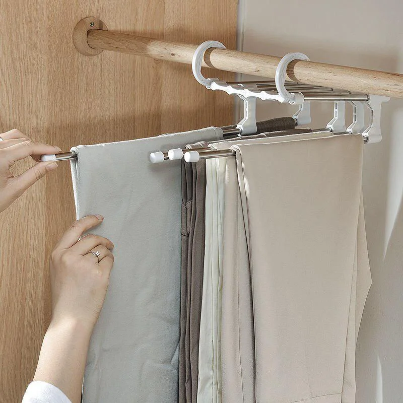 5-in-1 magische Hosenständer-Kleiderbügel aus Edelstahl, zusammenklappbar, Hosenständer, Krawattenhalter, Regale, Schlafzimmer, Schrank, Organizer, Kleiderschrank