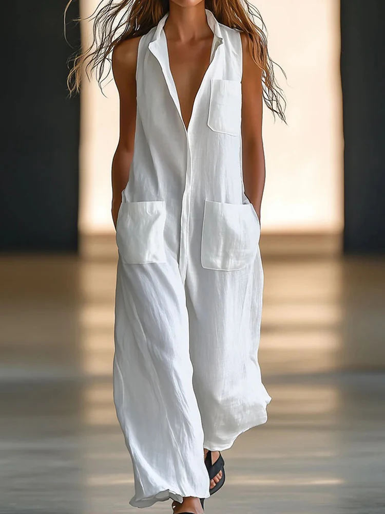 Damen-Overalls, ärmellos, locker, lässig, Sommer, V-Ausschnitt, einfarbig, Patchwork, schicke Playsuits, schlichte, elegante Bodys für Damen 2025, Image