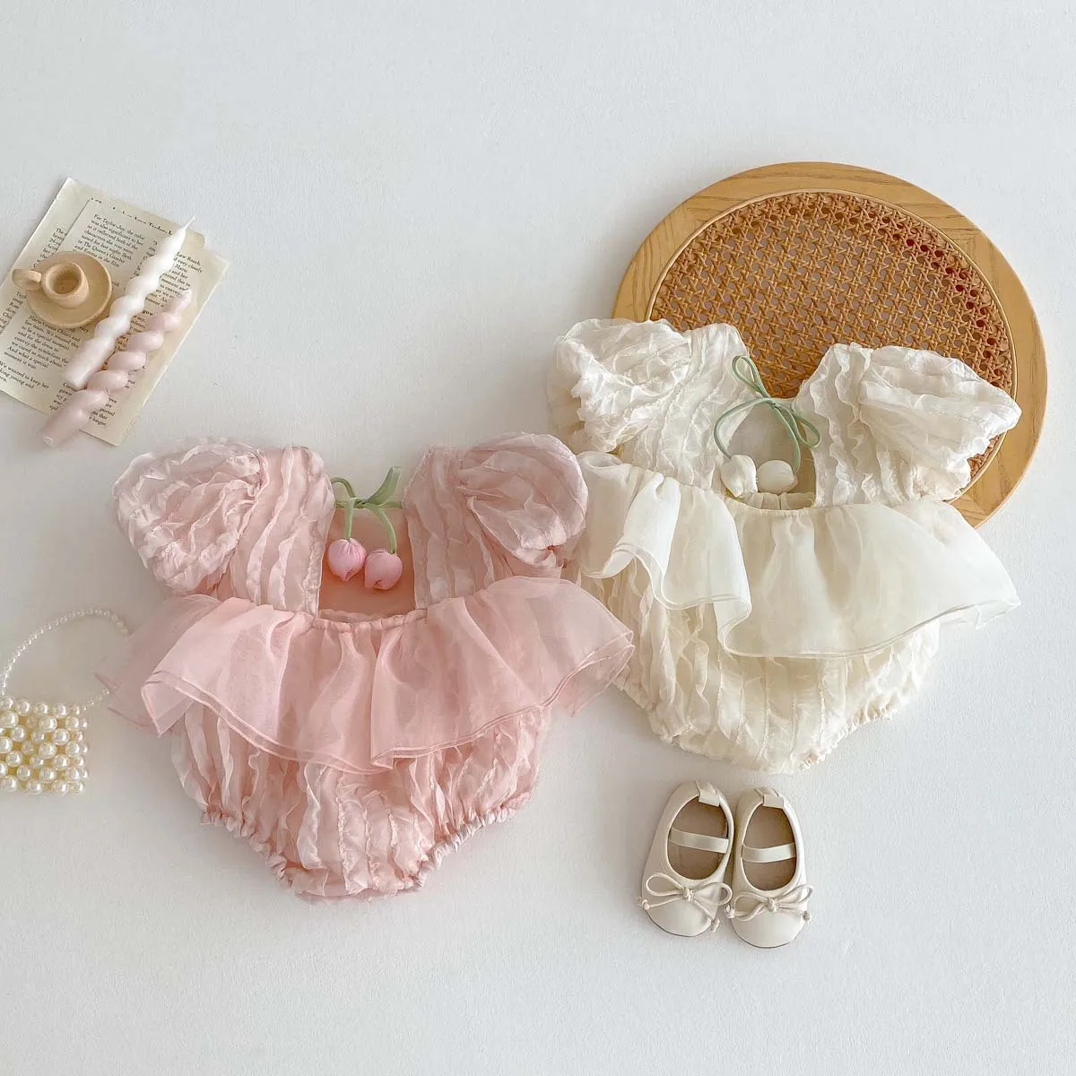 Kinder Sommer Neue Blase Ärmel Kurzarm Overall, Baby Kinder Süße Tulpe Rückenfreie Spitze Kleidung Image