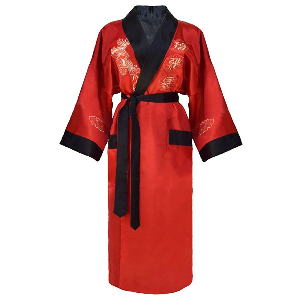 Rot Schwarz Chinesischen Männer Reversible Satin Robe Stickerei Drachen Kimono Bademantel Kleid Zwei-seite Nachtwäsche Seidig Lose Sexy Nachtwäsche Image