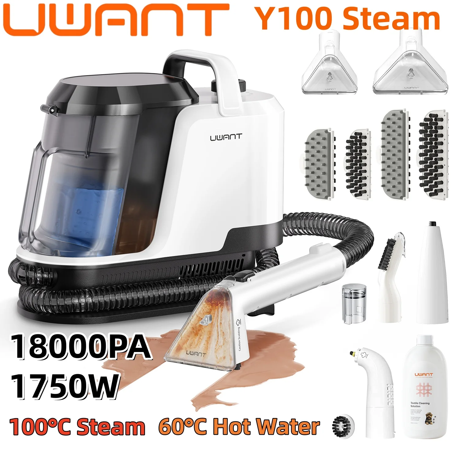 Uwant Y100 Dampfreiniger 18000Pa Teppichreiniger 1750W 100 ° C Steam 60 ° C Heißwasser-Selbstreinigungsgerät für Sofa, Auto, Schuhe, Tierhaare (Jetzt bestellen und kostenlosen Geruchsentferner-Stick erhalten)