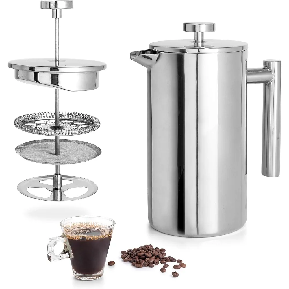 French Press Pot Filterpresse, handgefertigte Kaffeekanne, Edelstahl, hochwertig, doppelwandig, isoliert, 350 ml/800 ml/1000 ml Image
