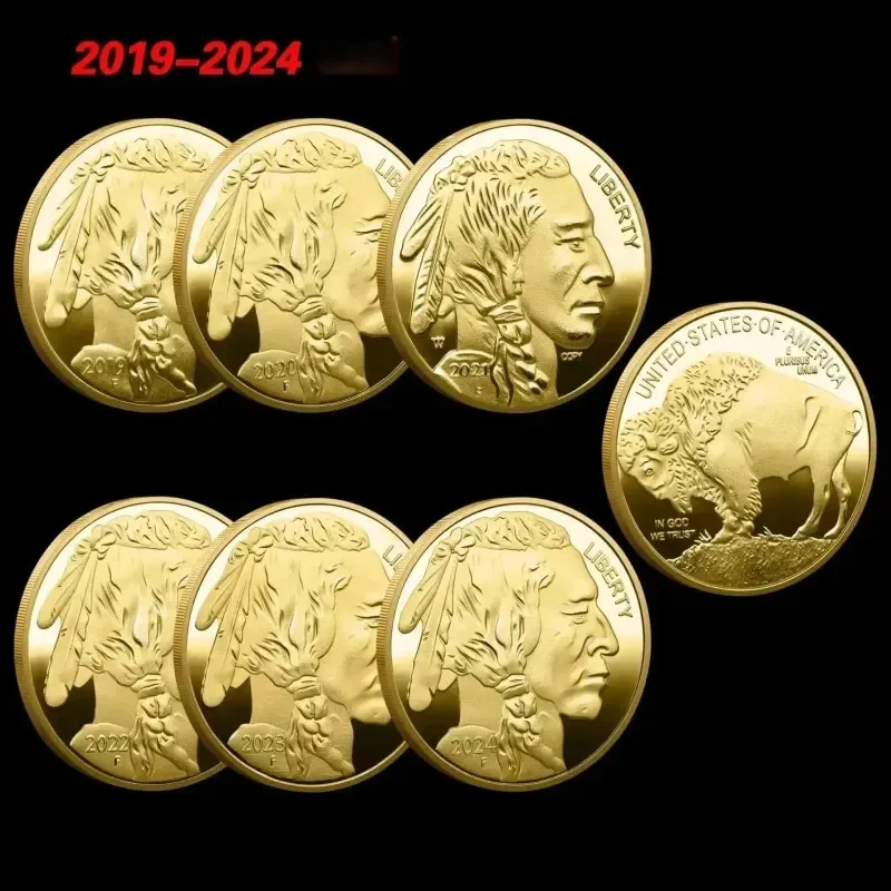 Mehrjährige Buffalo Indian Head vergoldete Münzsammlung 2019–2024 – Souvenir-Medaillenstil, fertig zur Präsentation Image