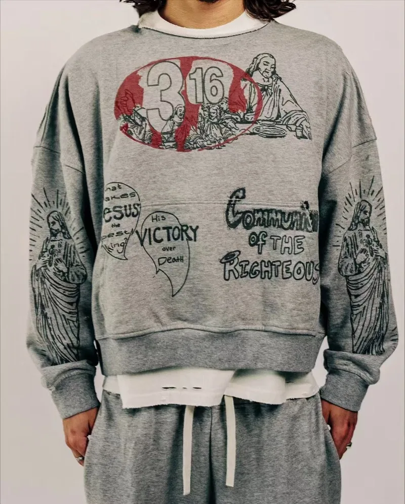 American Jesus Cross lässiger Herren-Kapuzenpullover mit Buchstabenmuster Y2K, neuer Hip-Hop-Punk-High-Street-Pullover, übergroße Top-Kleidung