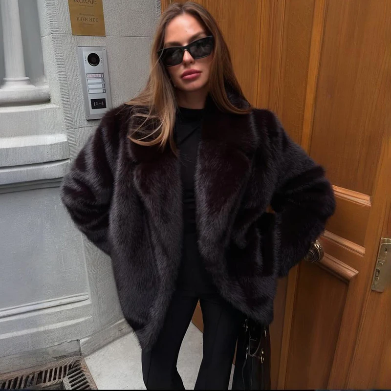Tornova Luxus Faux Pelzmantel frauen Elegante Solide Revers Lose Spitze-Up Freizeit Jacke Winter Mode Weibliche Warm Halten pelzmantel