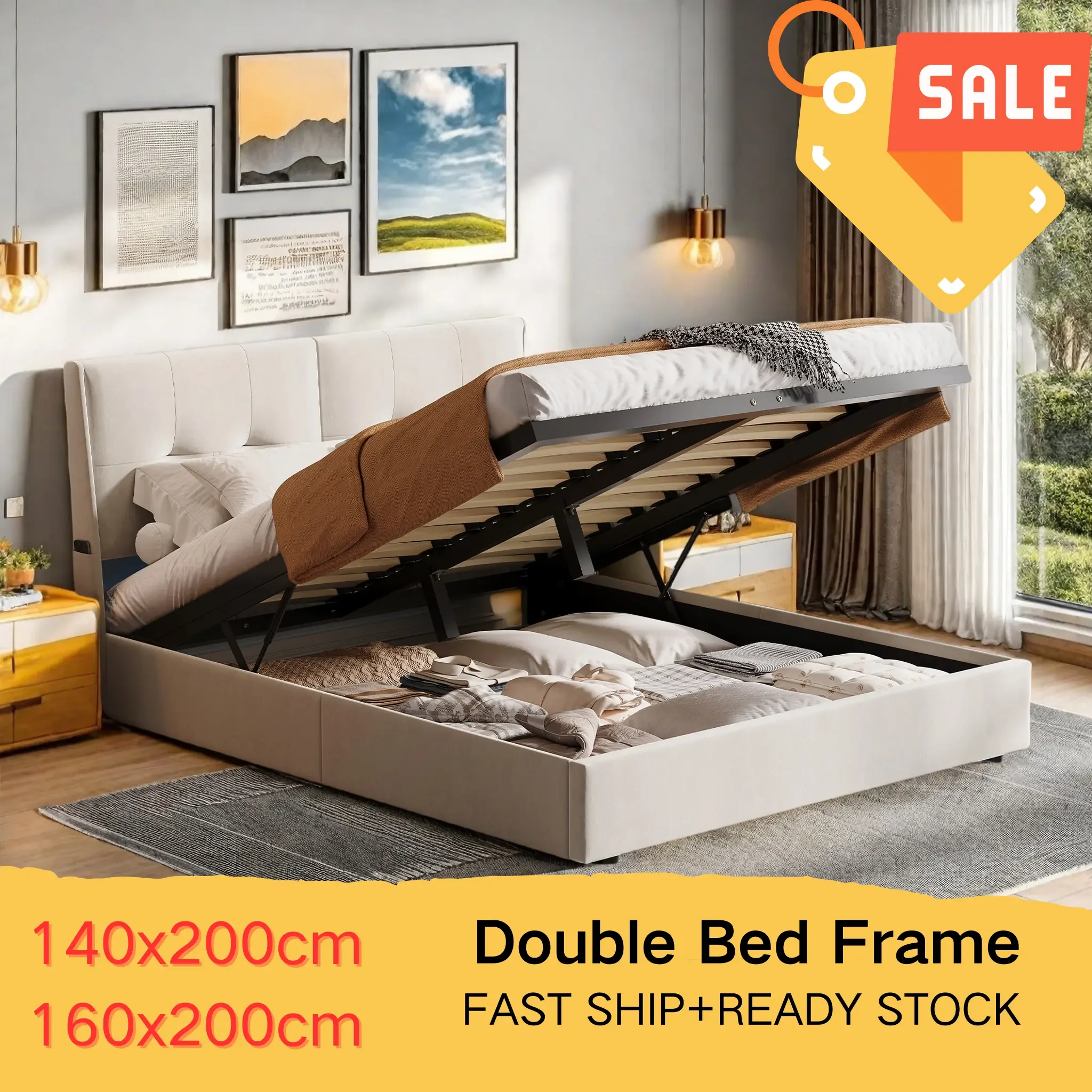 Hydraulisches Bett 140 x 200 cm, Polsterbett Doppelbett mit Stauraum, Bett mit Stauraum, Stauraumbett Jugendbett Bettgestell mit Lattenrost und Bettkasten, ohne Matratze, Samt, Beige
