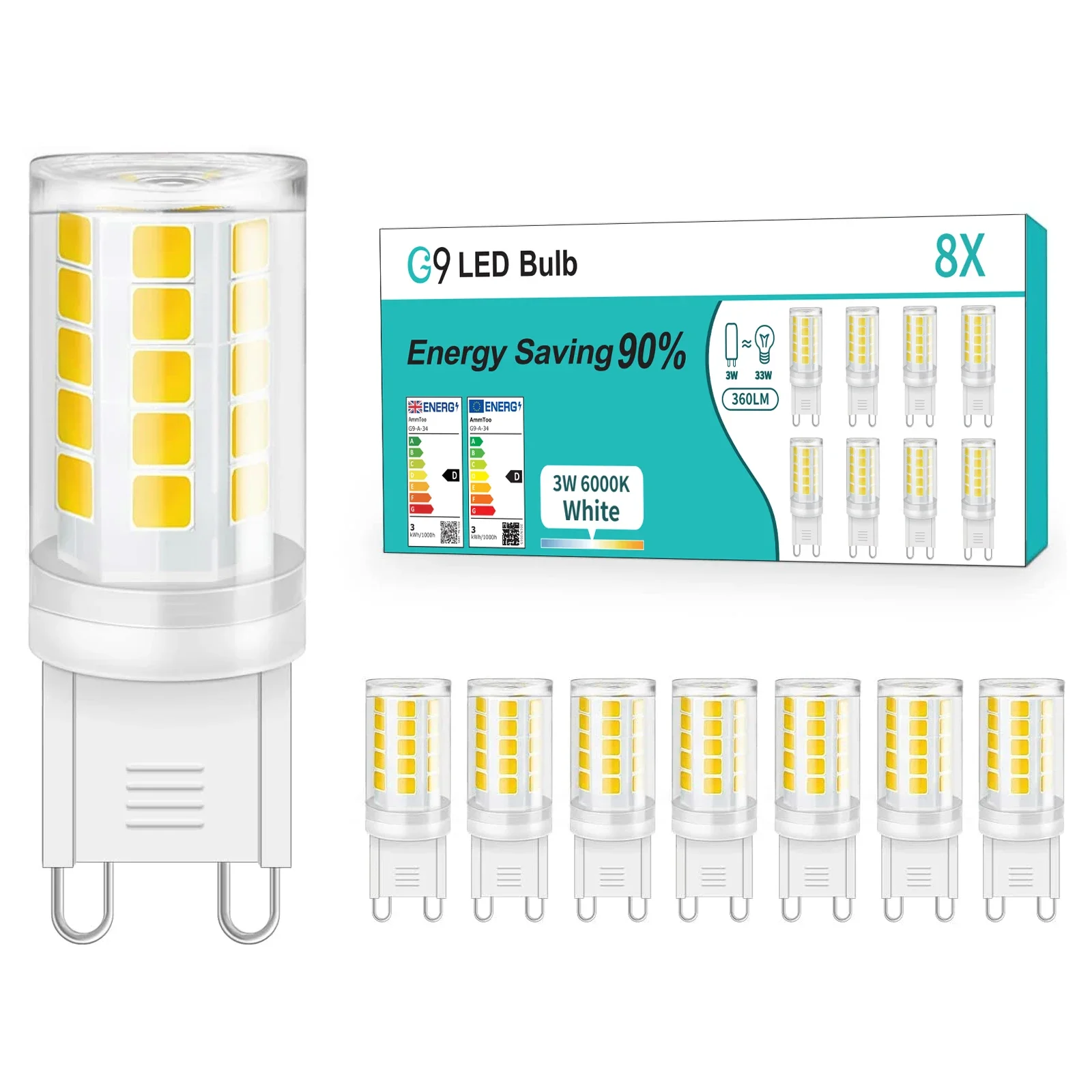 3/8 Stück G9 LED-Glühbirne, 3 W, 220 V, Kronleuchter-Licht, Maisbirnen, 6000 K, 2700 K, nicht dimmbar, G9-Sockel-LED-Lampe, ersetzt 33 W Halogenlampe