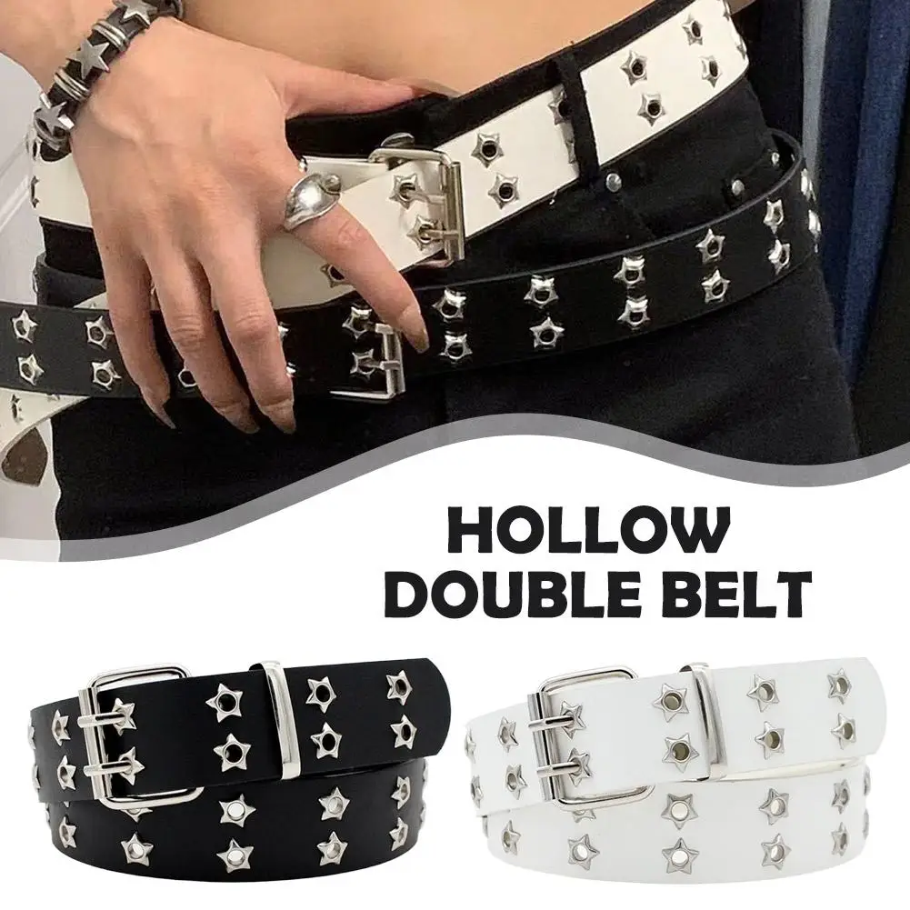 Y2K Punk Niet Leder Gürtel Stern PU Schwarz Weiß Taille Strap Zweireihig Hohl Für Jeans Rock Dekor Gothic Bund