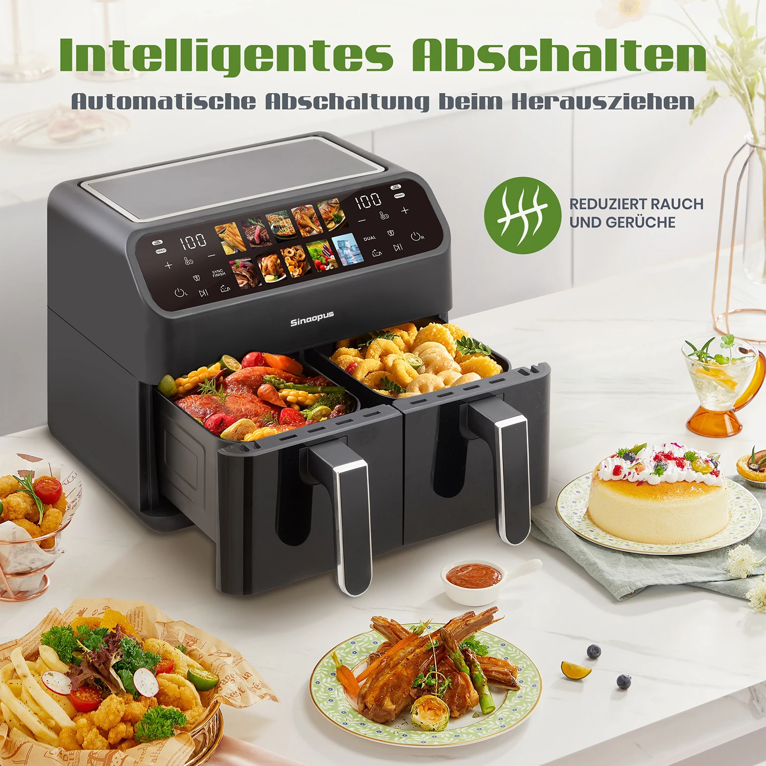 Heißluftfritteusen 9L mit zwei Körben, ölfreier Ofen mit LED-Touch-Steuerung, Sichtfenster, Familien-Smart-Heißluftfritteuse Image
