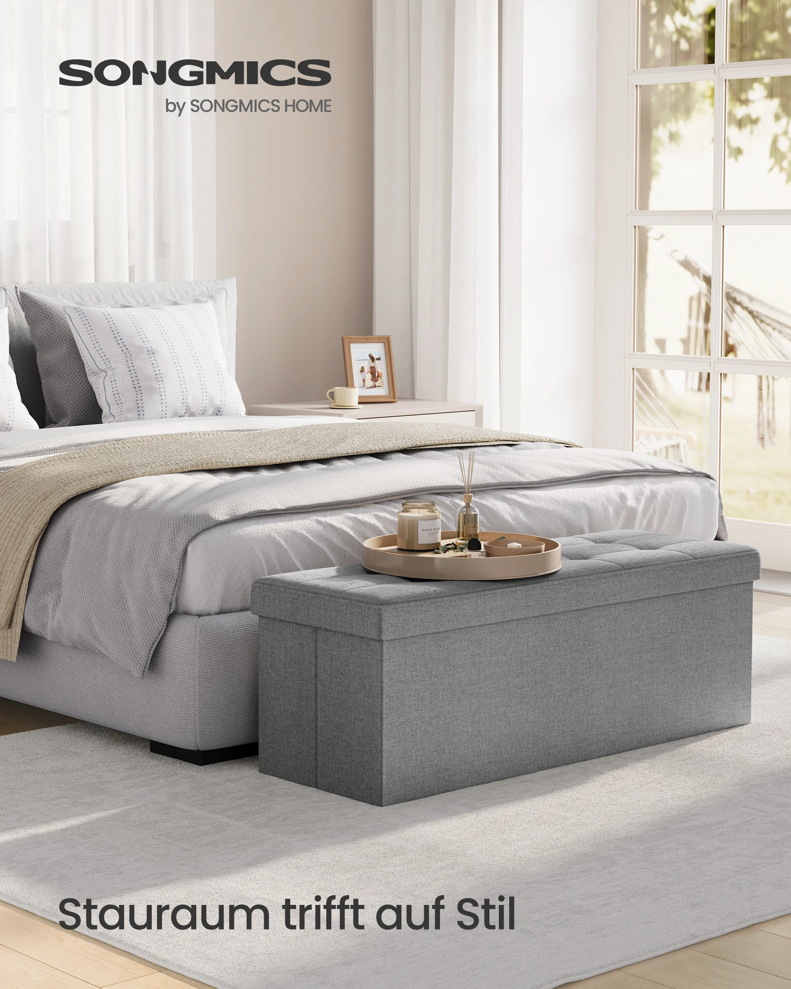 SONGMICS Sitzhocker mit Stauraum, klappbare Sitzbank, 38 x 110 x 38 cm Fußbank, Aufbewahrungsbox, bis 300 kg belastbar