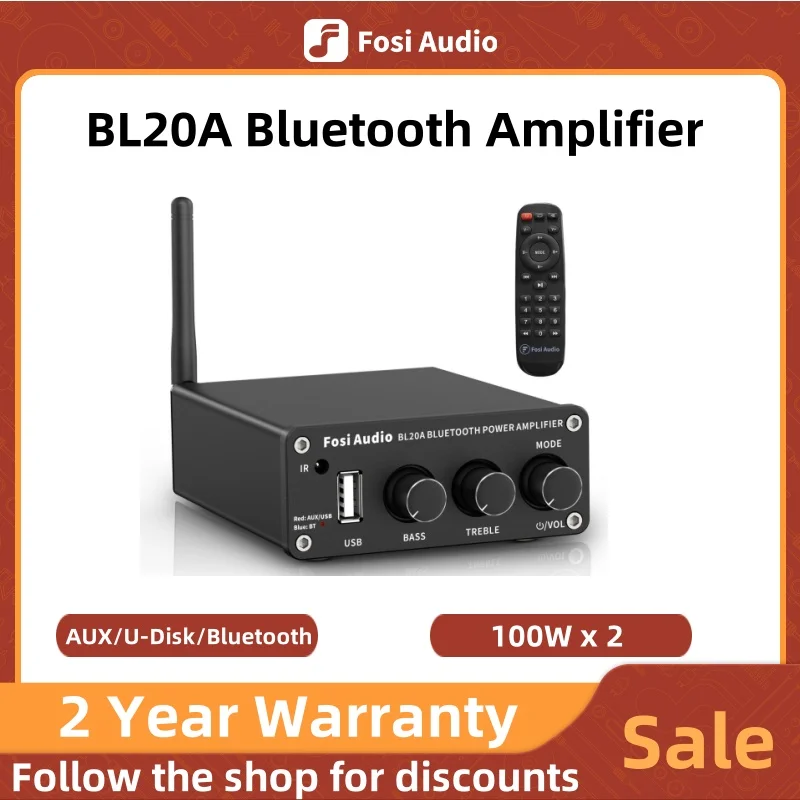 Fosi Audio BL20A Bluetooth TPA3116 Sound Power Verstärker 2.1CH 100W Mini HiFi Klasse D Amp Bass Höhen mit U-Disk Fernbedienung Image