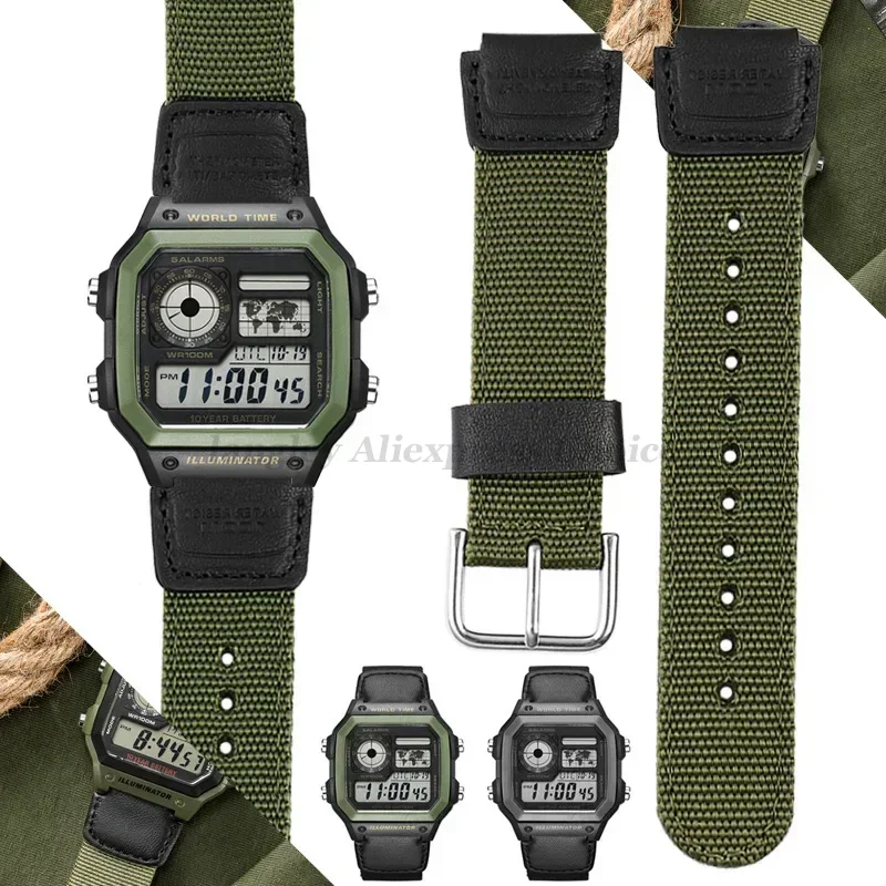 18 mm Nylon-Uhrenarmband für Casio W800H Herren Canvas Sport Schwarz Grün Armband SGW400 F91W F84 F105/108/A158/168 AE1200/1300 Gürtel