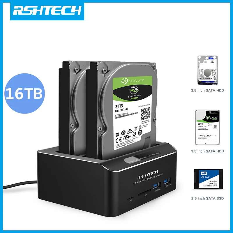 RSHTECH HDD Dockingstation USB 3.0 zu SATA 2,5/3,5 Zoll SSD Disk HDD Dock Dual Bay Externes Festplattengehäuse Offline-Klon Image