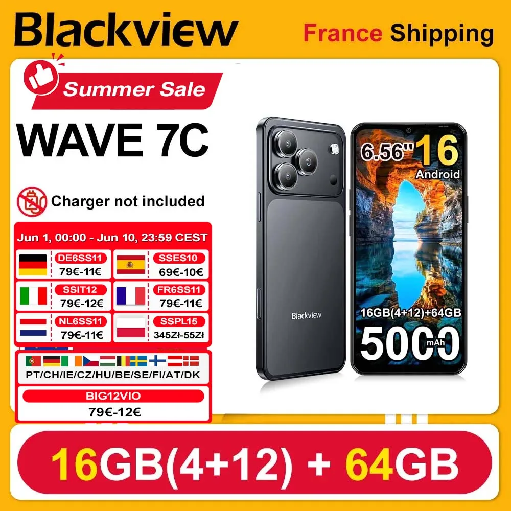 Blackview WAVE 7C Smartphone, 6,56-Zoll HD+ IPS-Display, 5000-mAh-Akku, 16 GB (4+12) + 64 GB, Unisoc-Prozessor, 32MP + 13MP Kameras, 4G, Android 16, Dual-SIM Image