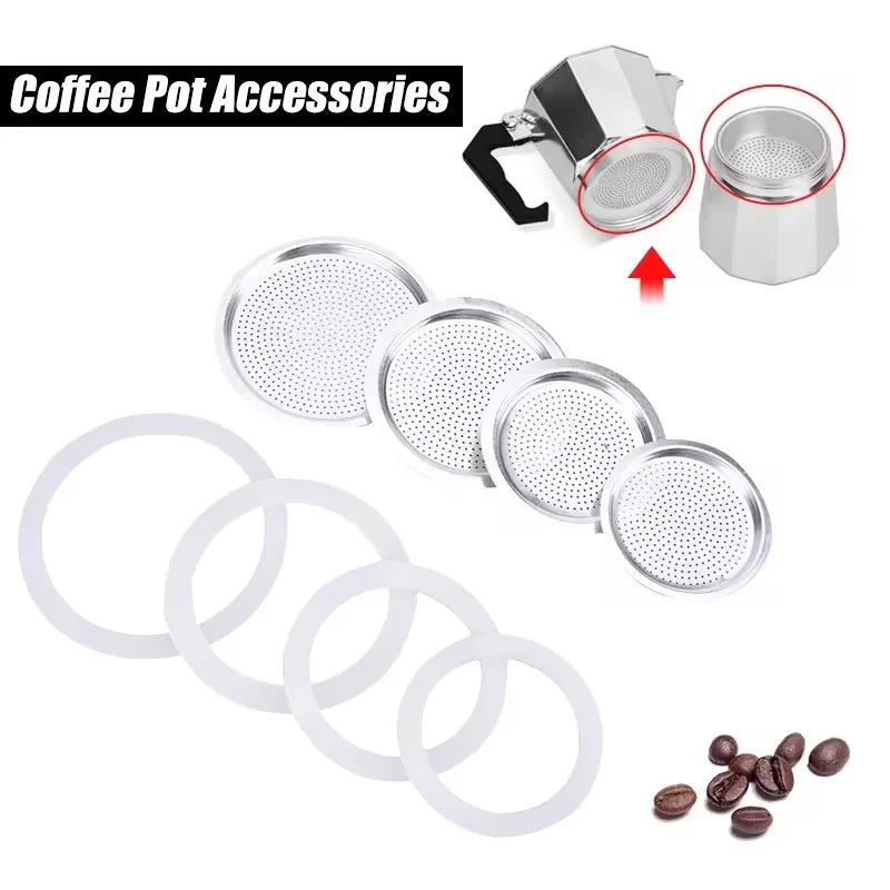 1 Set, 3 Silikondichtungen und 1 Stück Aluminiumfilter Moka Pot Kaffeeflaschen-Ersatz, kompatibel mit 3/6/9/12 Cup Moka Express Image