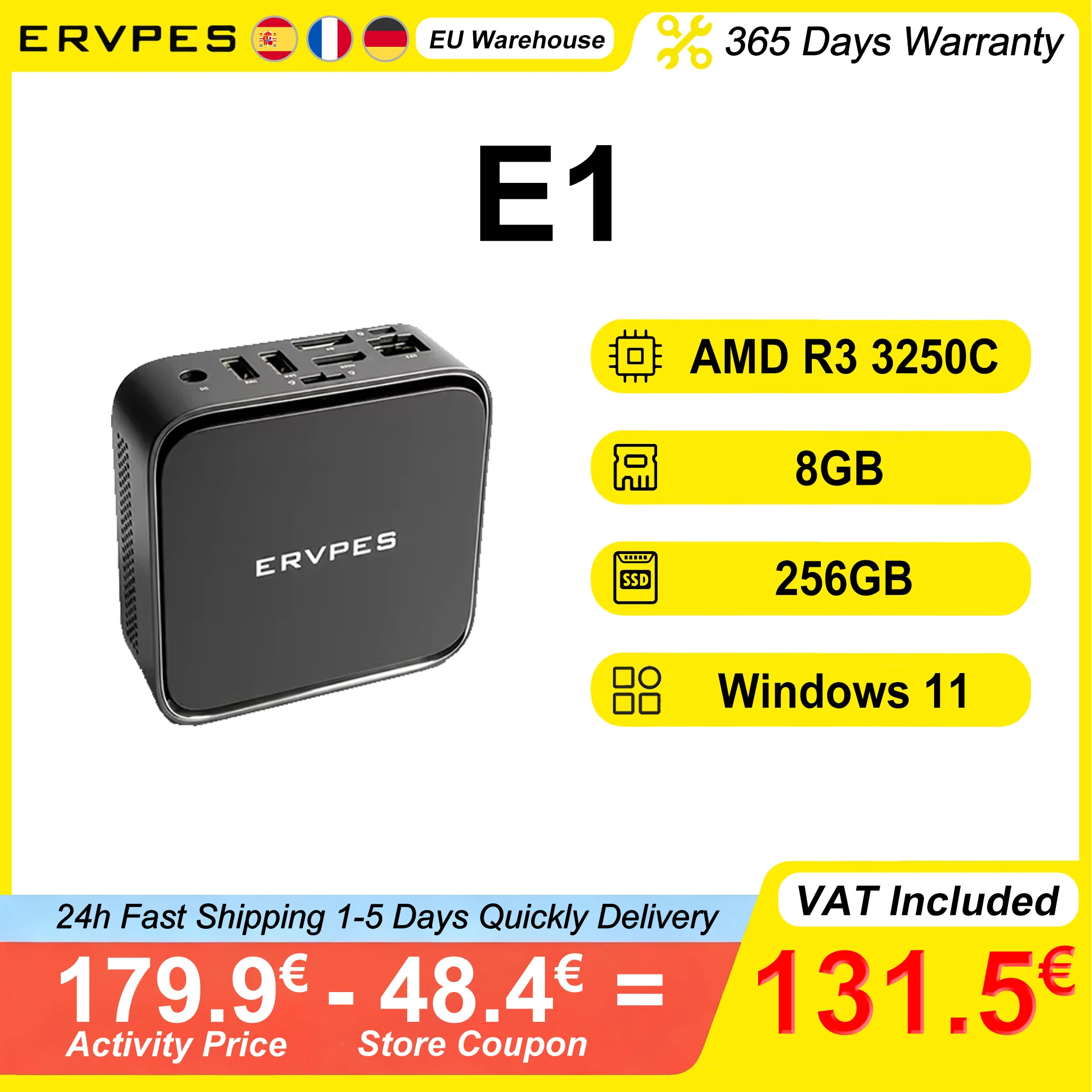 ERVPES E1 Mini-PC AMD Ryzen 3 3250C 8GB DDR4 256GB SSD Windows 11 Dual-Band WLAN BT5.2 HDMI DP Büro-Desktop-Mini-Computer