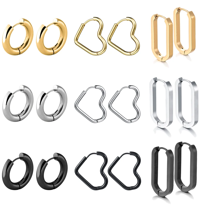 Glänzende Edelstahl-Creolen für Damen und Herren, Hip Hop, Steampunk, rund, oval, Herz, Schwarz, Gold, Silber, Farbe, Huggie-Schmuck, Geschenk Image