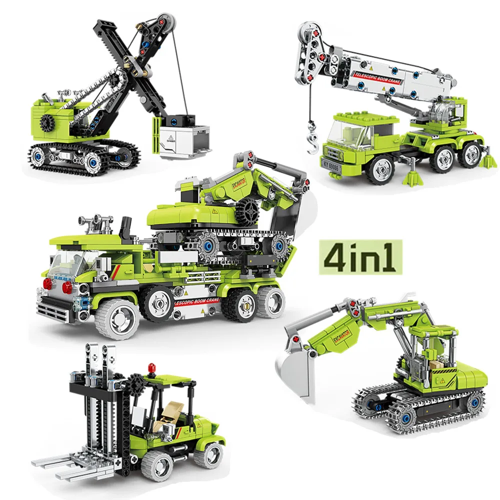 4 in 1 Engineering Lift Trucks Bagger Kran Stadt Baufahrzeug Auto Modell Bausteine Ziegel Kinderspielzeug Geschenk Image