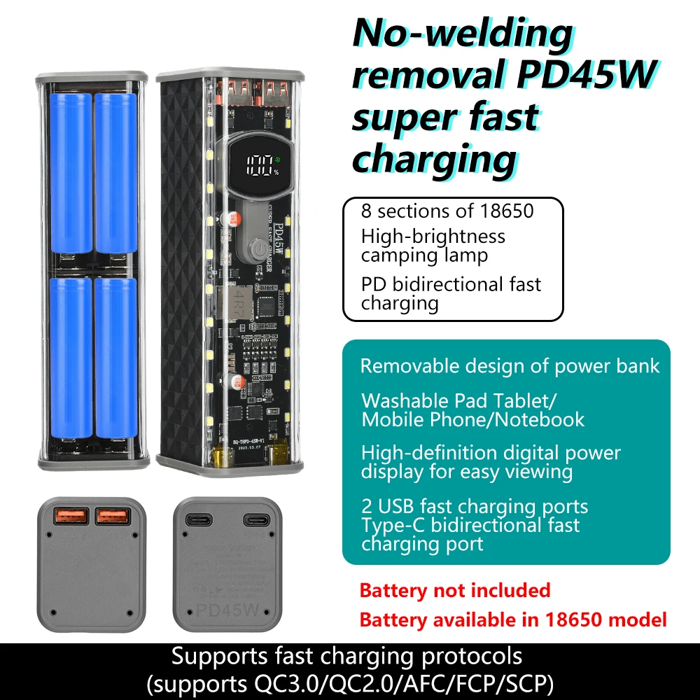 Lötfreies 8-Zellen-18650-Akkugehäuse für PD45W Superschnelllade-Powerbank-Gehäuse mit integrierter Außenleuchte