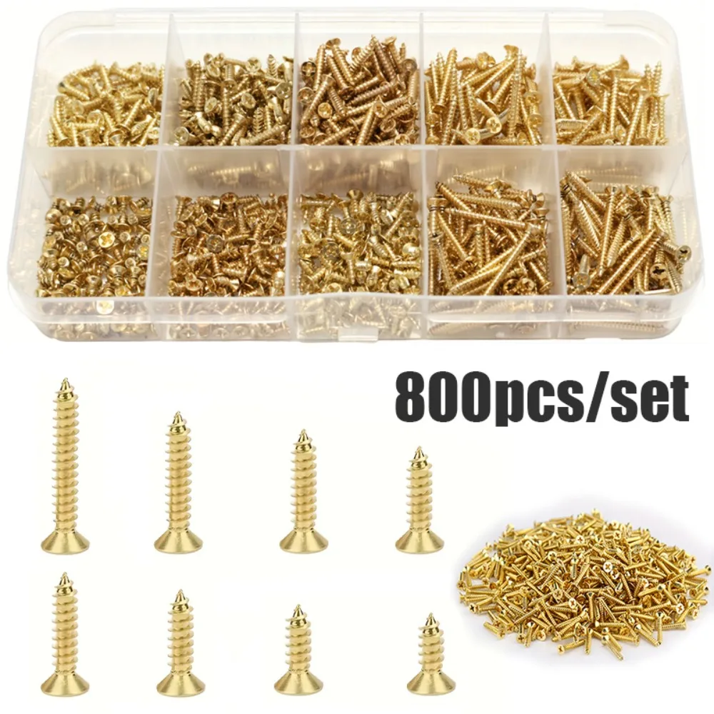 800 Messing-Blechschrauben, vergoldete M2/M2,5 Schrauben, geeignet für Holzhandwerk und Vintage-Aufbewahrungsboxen. Image