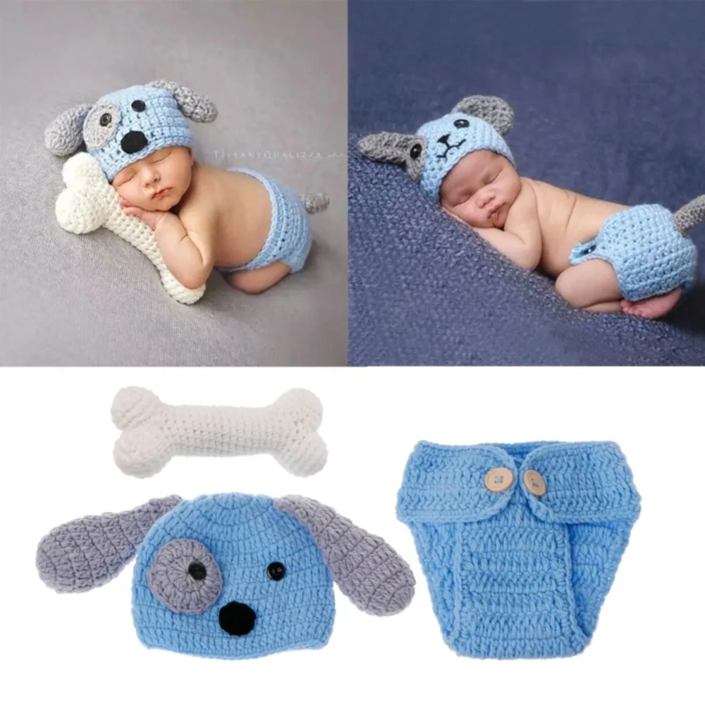 Neugeborenen Fotografie Requisiten Baby Welpen Kostüm Hut Cape Set Junge Mädchen Foto Schießen Requisiten Outfits Häkeln Gestrickte Hund Kleidung Studio Image