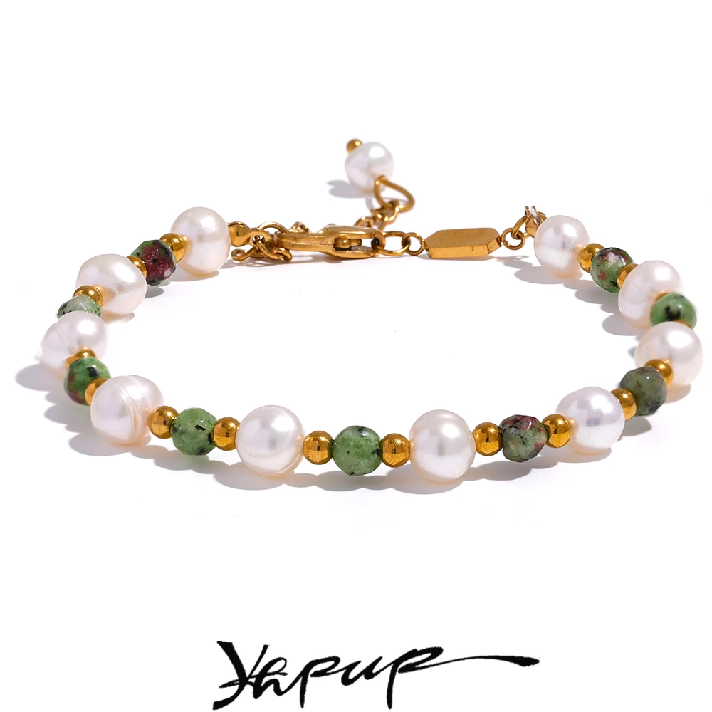 Yhpup Naturstein Süßwasserperlen Mode handgefertigt Edelstahl Charm Schmuck Armband Armreif für Frauen Geschenk wasserdicht Image