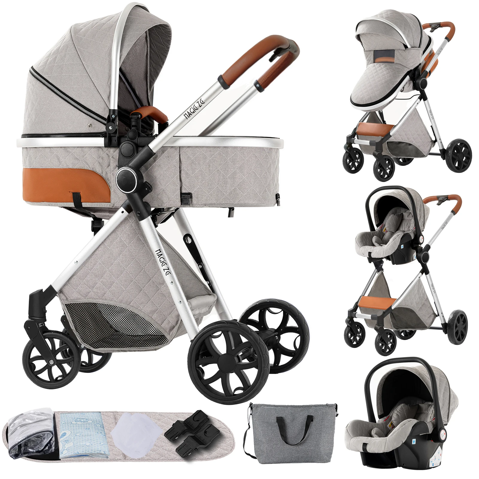 Kinderwagen 3IN1 Comfort-First Kinderwagen: 3D atmungsaktiver Stoff und Lordosenstütze. Verstellbarer Sonnenschutz, passt sich bei verschiedenen Wetter an Image