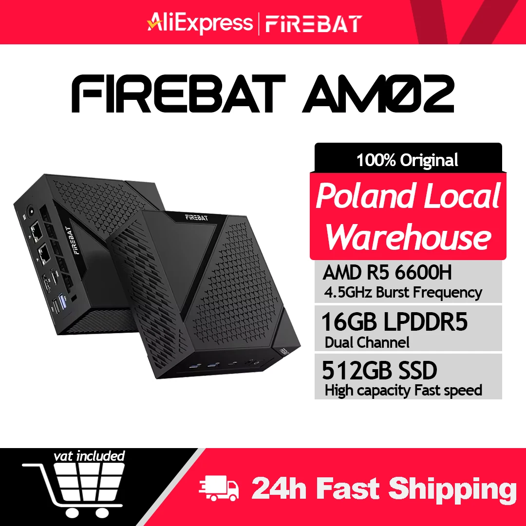 FIREBAT MINI PC AM02 AMD Ryzen 5 6600H 16GB LP DDR5 512GB SSD Windows 11 WIFI6 BT5.2 Tragbarer Desktop-Computer Netzwerkanschluss HDMI