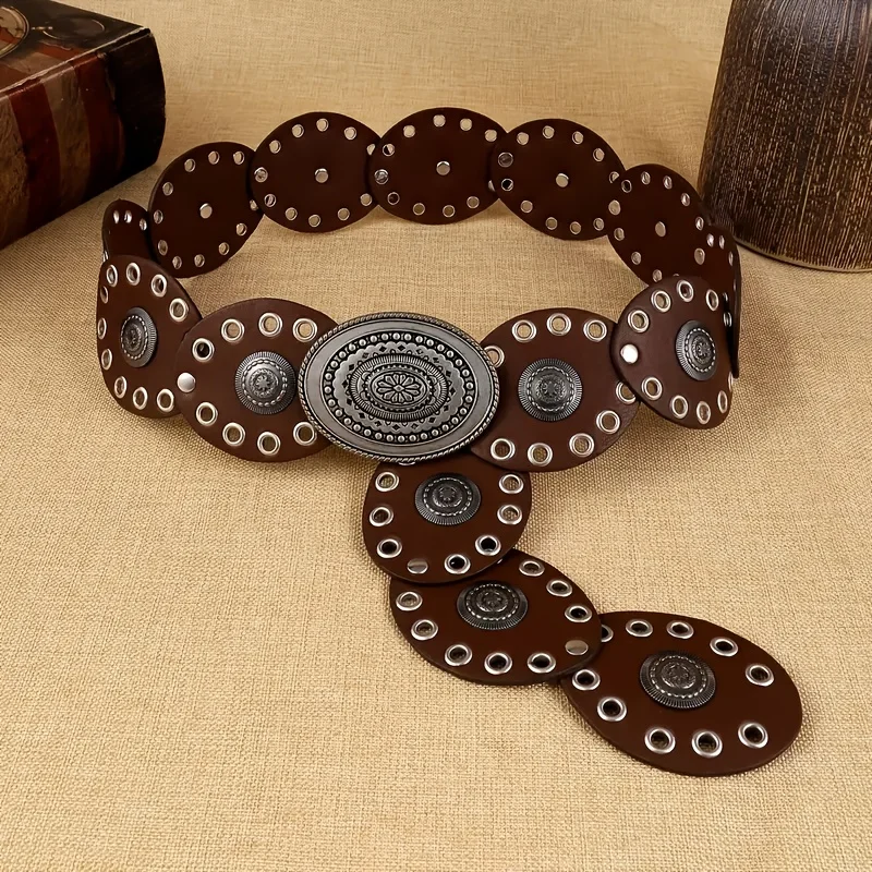 1 Stück Damen-Faux-PU-Gürtel im Vintage-Stil mit ovalem Nieten-Schnallenbund, personalisierte Vintage-Gürtel