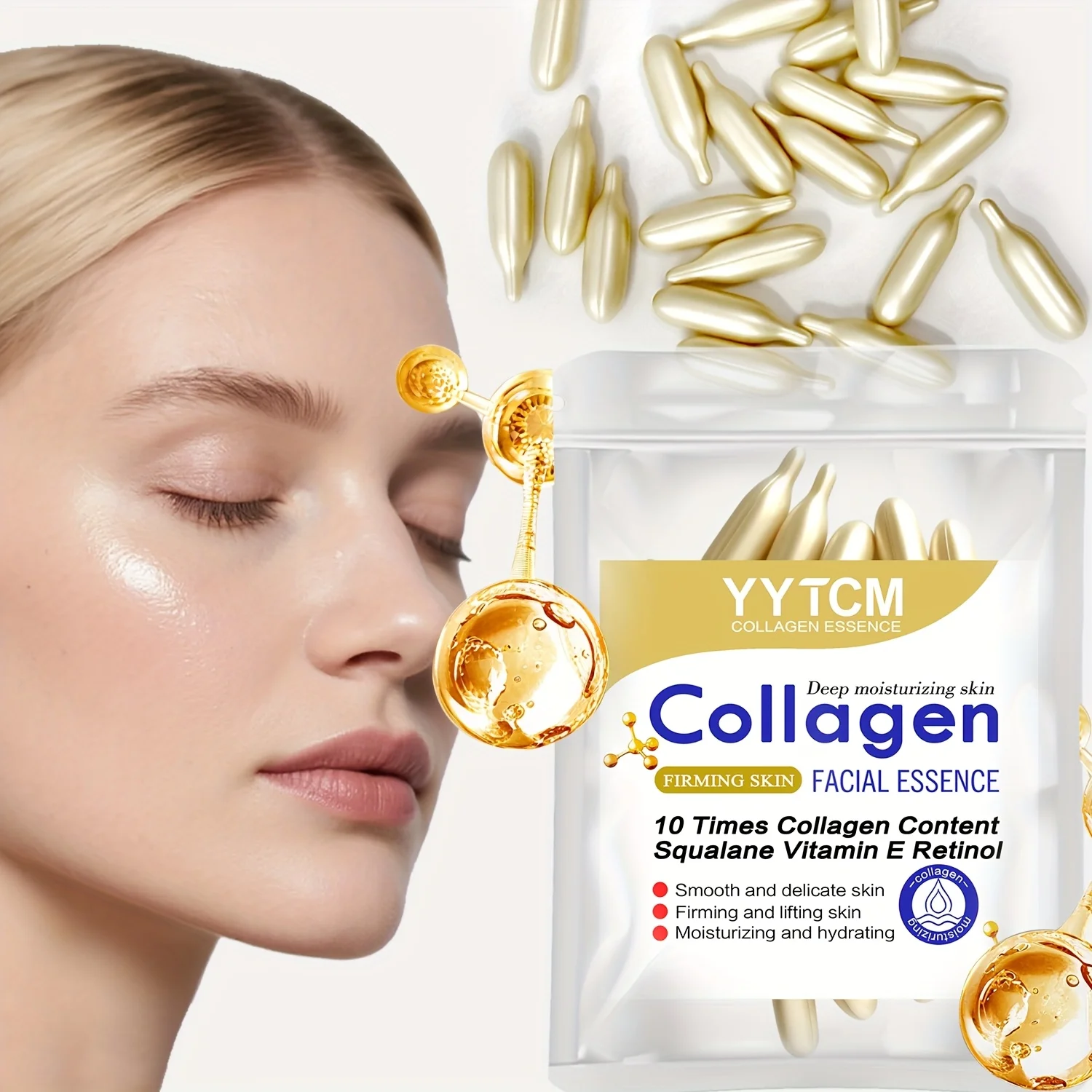 Kollagen Straffende Kapsel-Essenz, Feuchtigkeitsspendend und Hautglättend, Enthält Pflanzliches Squalan, Retinol und Vitamin E Tiefenwirksame Hydratations-Essenz (0,4Gx30 Kapseln)/Beutel-1 Beutel