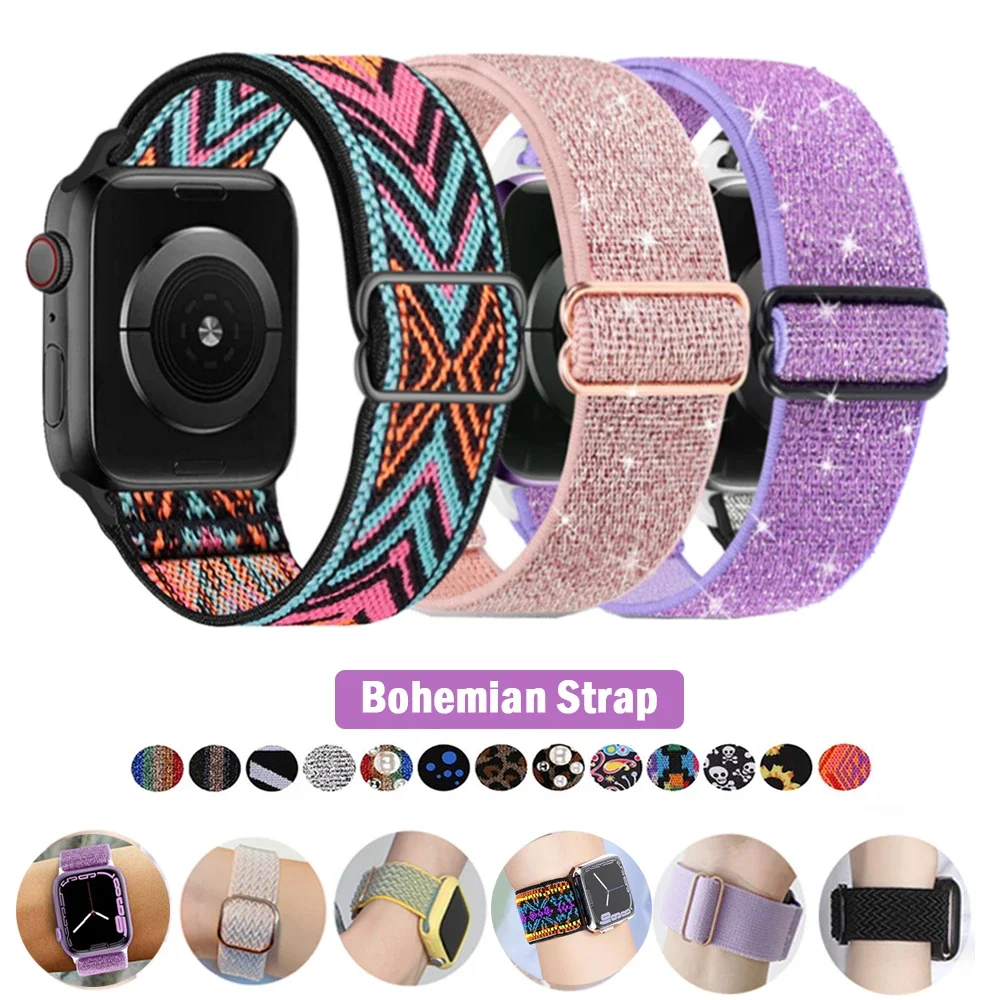 Böhmisches Nylon armband für Apple Watch Ultra 2 49mm 41mm 45mm 38/40/44mm elastisch glänzendes Armband iwatch Serie 9/8/7 6 5 4 se Band Image
