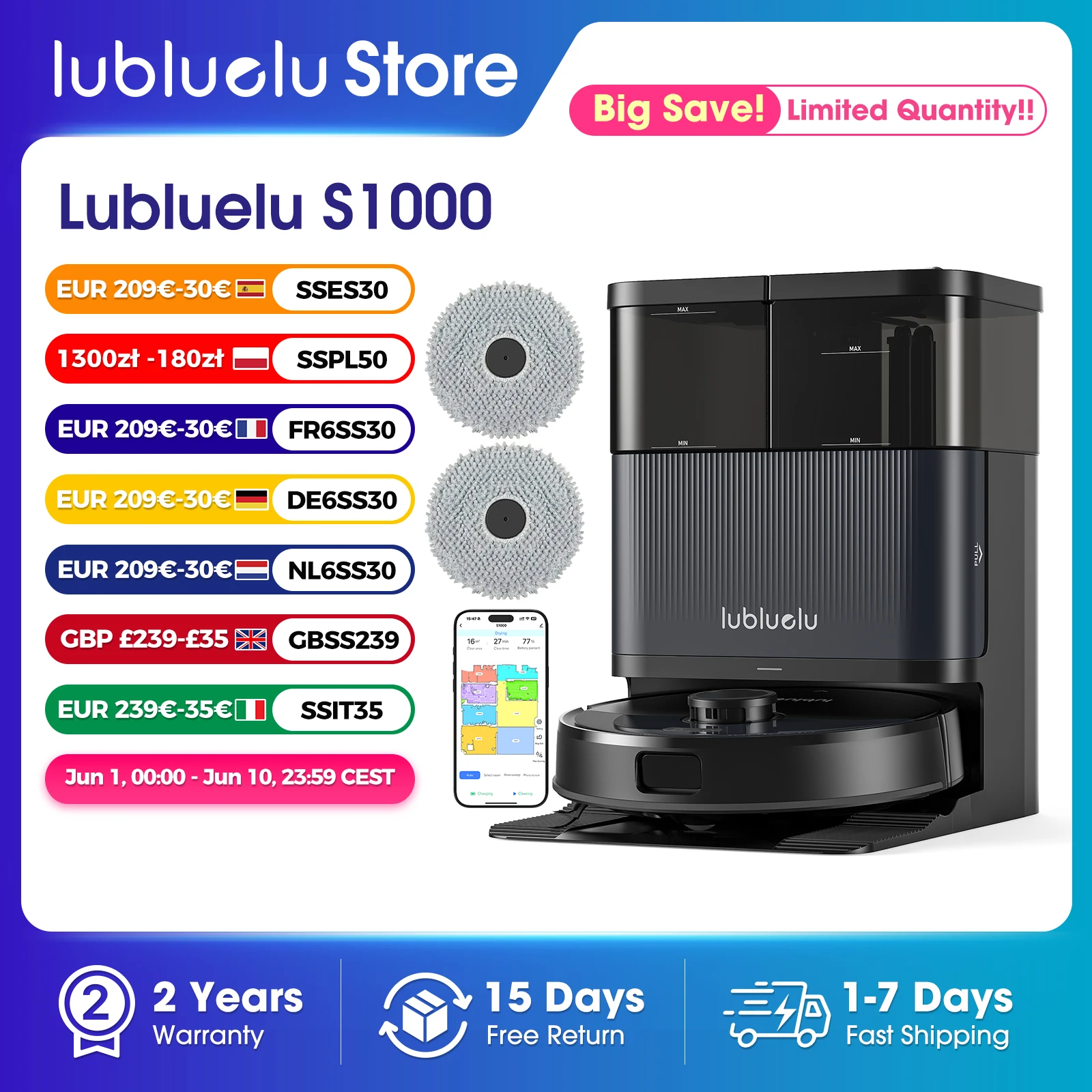 Lubluelu S1000 Saugroboter mit All-in-One Selbstreinigungsstation - Automatisches Entleeren/Waschen/Trocknen des Wischmopps, Freihändig, 11000Pa, 180 Min. Laufzeit Image