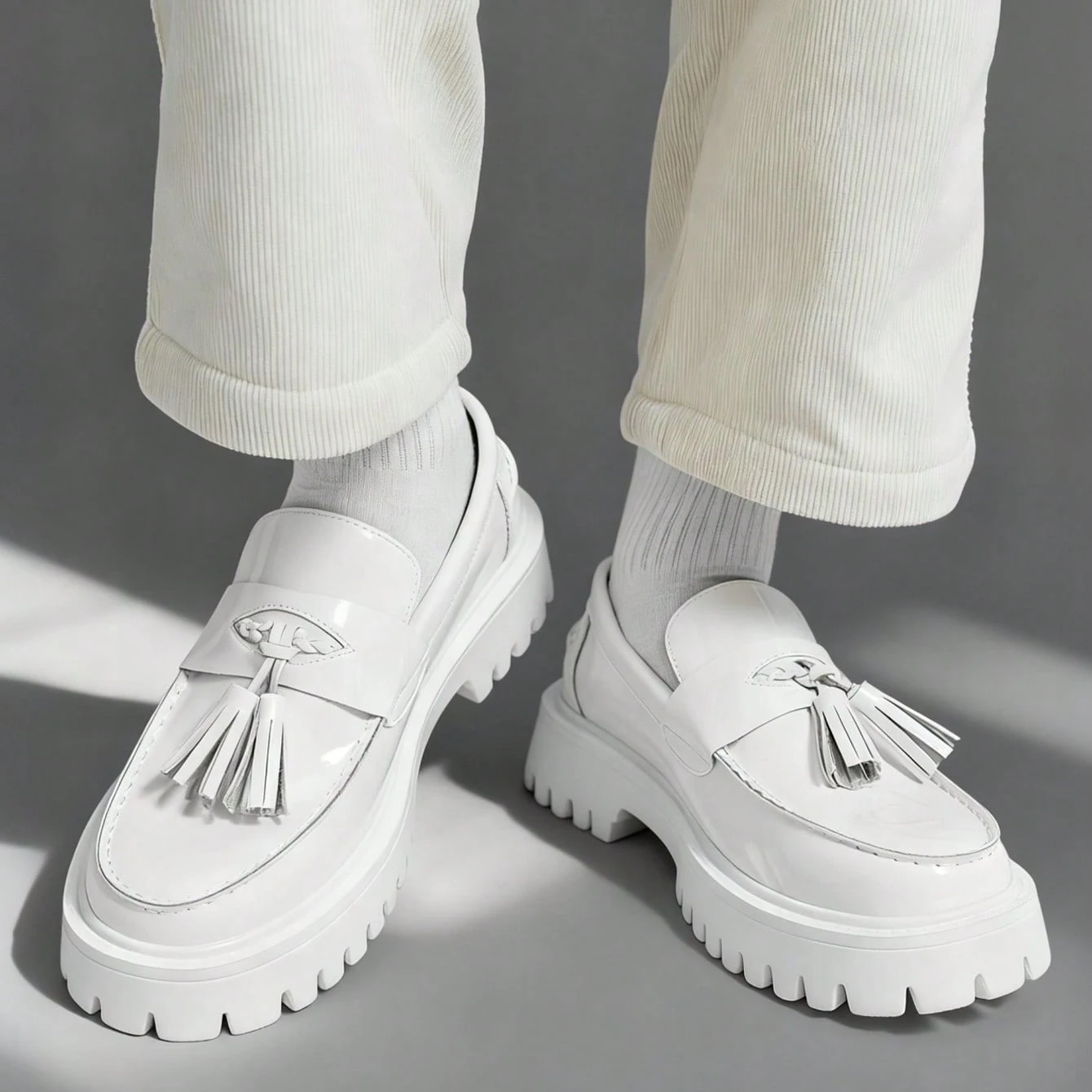 Modische Quasten-Schuhe mit Dicker Sohle aus Leder für Herren Slip-On Loafer Business-Anzugschuhe für Gentlemen Glänzende Formelle Party-Schuhe in Weiß