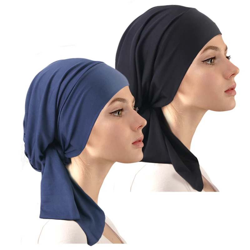 2 TEILE/LOS Pre-tie Muslimischen Turban Ethnische Elastische Band Kopf Schal Islamischen Hut Mode Beanie Hut Frauen Weibliche Hijab Turbante Image