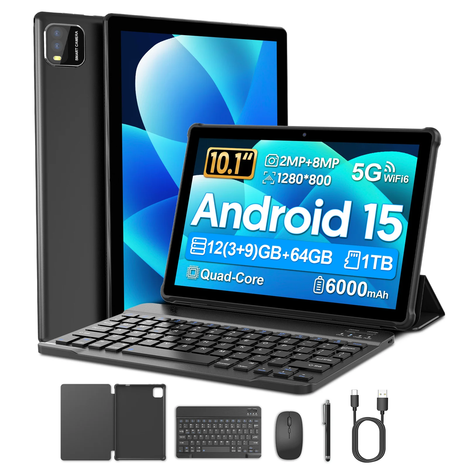 10,1-Zoll-Android-15-Tablet, unterstützt Google Play, Quad-Core-Prozessor, 12 GB (3+9) RAM, 64 GB ROM, Bluetooth, 6000-mAh-Akku Image