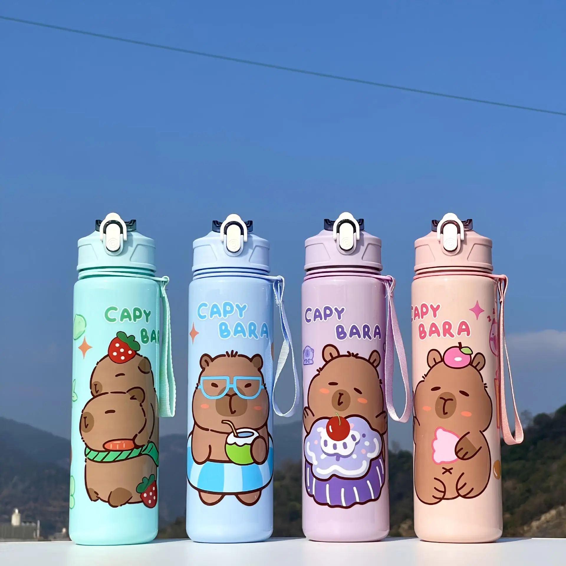 Capybara Cartoon-Strohhalmbecher, niedliche isolierte Wasserflasche mit Reißverschluss, großes Fassungsvermögen, leicht und tragbar für die Schule, im Freien Image