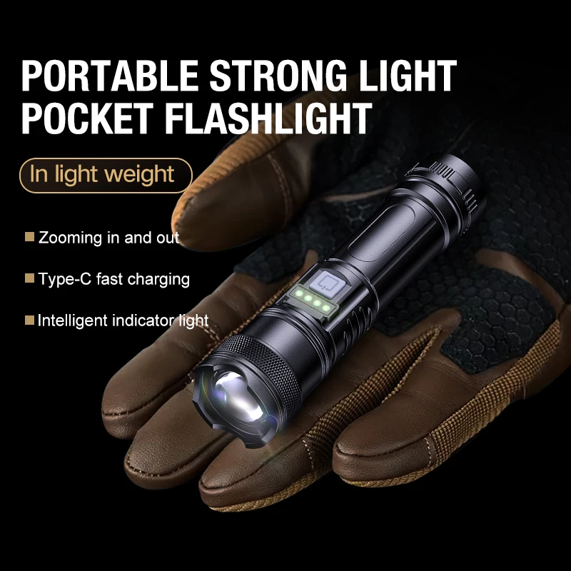 Mini tragbare Taschenlampe mit einstellbarem Fokus, Typ-C, wiederaufladbar, starkes Licht, für Outdoor-Camping, Notfall, kleine Taschenlampe Image