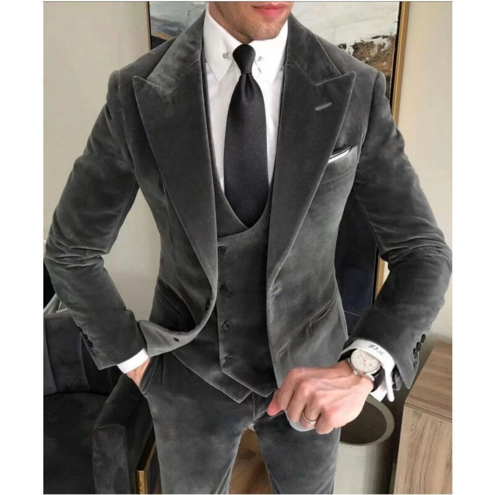 Business Grau Samt Blazer Sets Hochzeit Herrenanzüge Slim Fit Custome Homme Elegante Formale 3-teilige Outfits Jacke + Hose + Weste