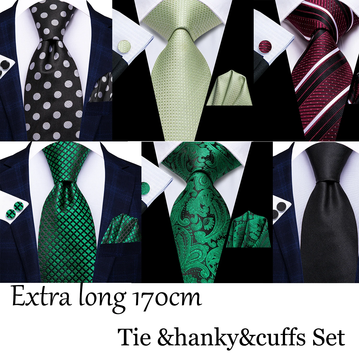 Hi-Tie 170 cm extra lange schwarze Punkte Herren elegante Krawatte Taschentuch Manschettenknöpfe Set Hochzeit Party Zubehör Geschenk für Männer Gravats Image