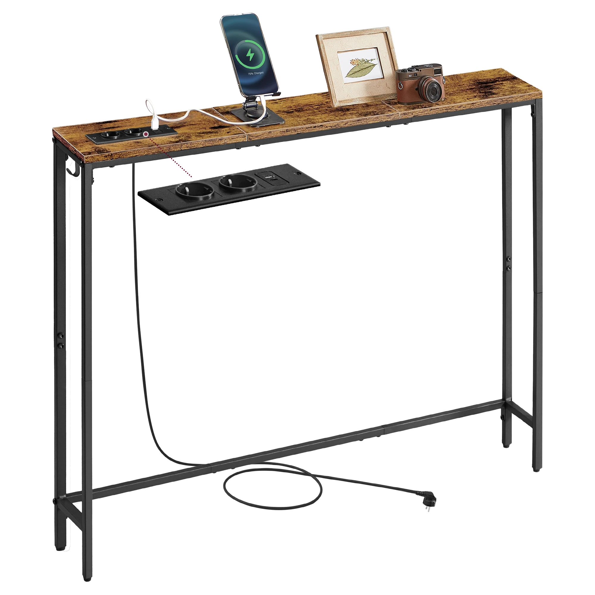 VASAGLE Konsolentisch, Flurtisch, schmales Design, 15 x 100 x 80 cm, mit Ladestation, Haken, 1 Set