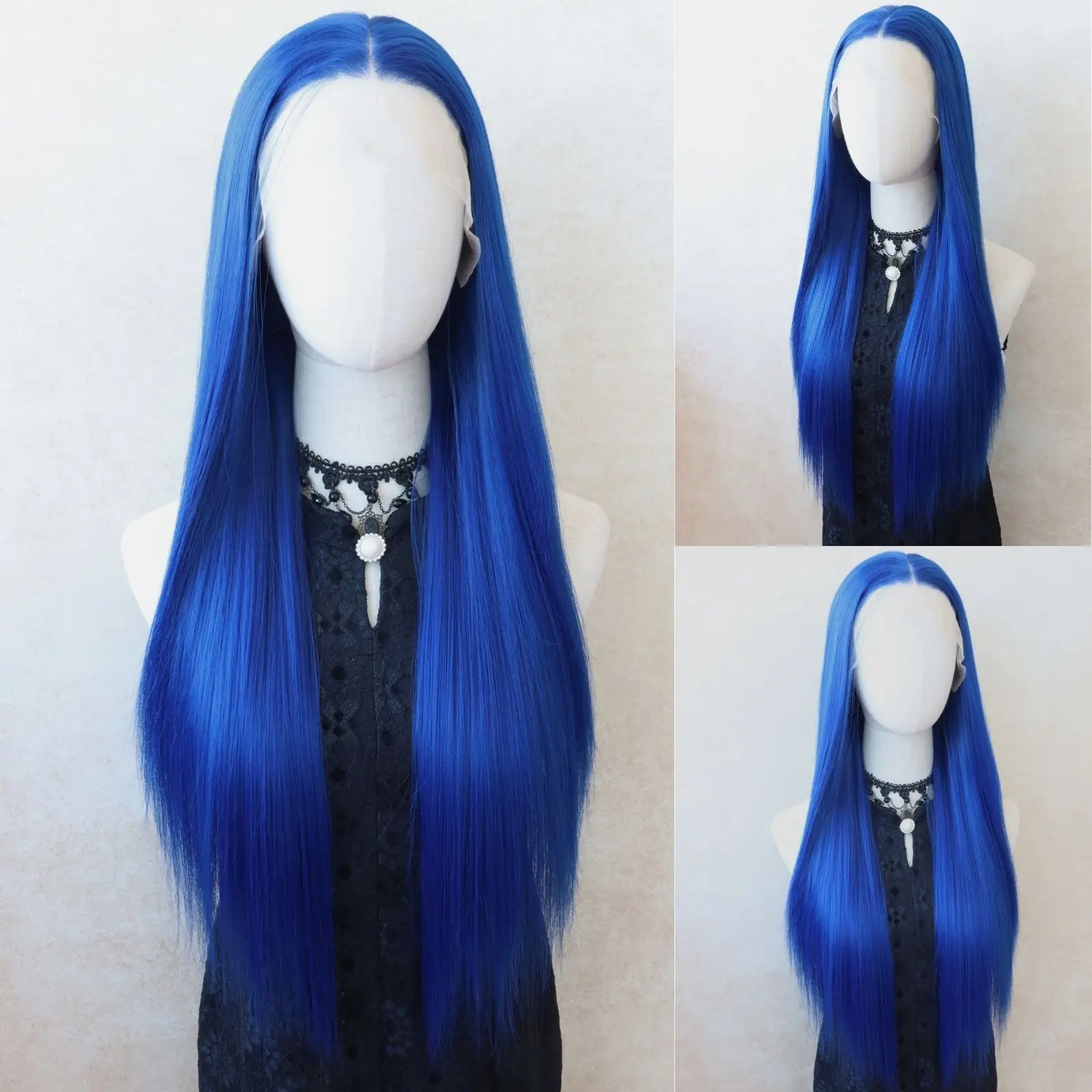 Dunkelblaue gerade 13x4 Lace-Front-Perücke, lange gerade blaue Lace-Front-Synthetik-Perücken, vorgezupfte Perücke mit natürlichem Haaransatz (24 Zoll) Image