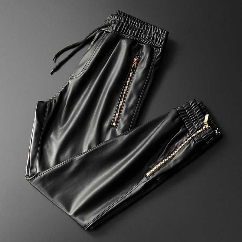 Herren-Lederhose, hochwertige Jogginghose mit elastischem Bund, PU-Leder, Motorradhose, Bikerhose Image