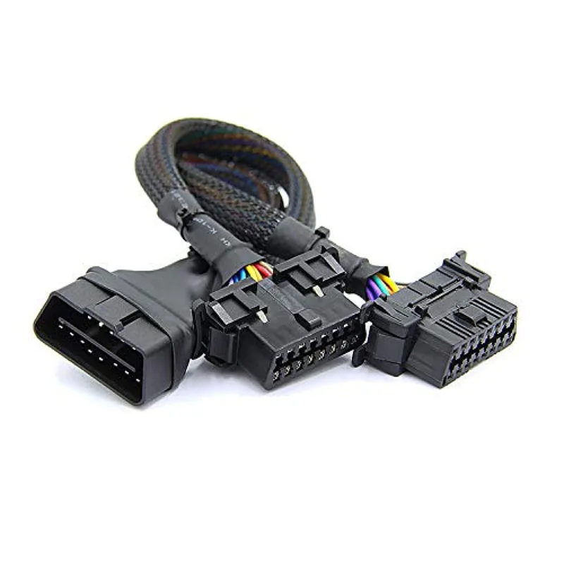 Heißes verkaufendes OBD2-Stecker auf Dual-Buchse-Winkelverlängerungskabel, verfügbar zum angeschlossenen 1 IN 2, umgewandelter OBD2-Adapter Image
