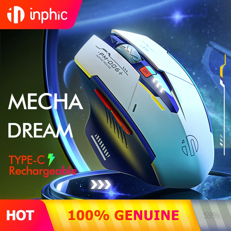 INPHIC Kabellose Maus, wiederaufladbar, 700 mAh, ergonomische, leise Mäuse, 2,4 G USB-Empfänger, Mecha-Gaming-Maus, Laptop, Computer, Mac, MacBook Image