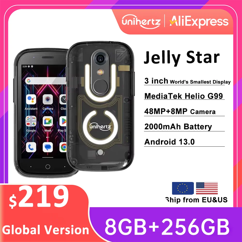 Unihertz Jelly Star kleinste Android 13 Smartphone 8GB 256GB LED Licht transparent Backs hell Handy 48mp 3 Zoll Handys Image