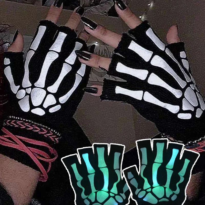Unisex Halloween Totenkopf Handschuhe Punk Luminous Glow in The Dark Skelett Halbfinger Handschuh Cosplay Rutschfeste Handgelenk Stretch Fäustlinge
