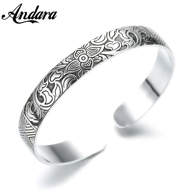 Vintage Silber Sterling Silber Armband Lotus Herz Sutra Sutra Glück Armband Männer Frauen Schmuck Geschenk