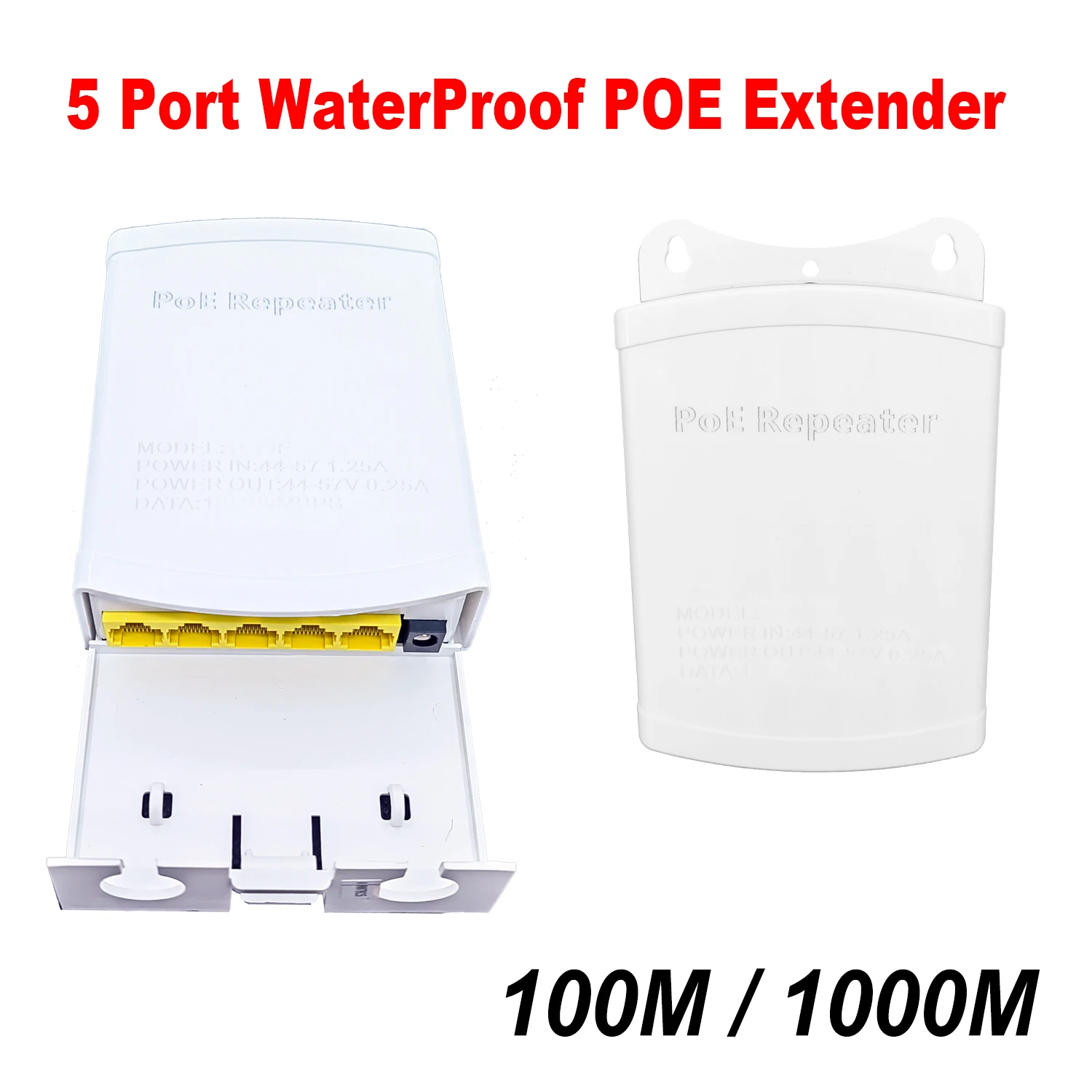 5-Port-POE-Extender, 4-Port-Repeater, 100/1000 Mbit/s, wasserdicht, für den Außenbereich, Innenbereich, Netzwerk, IP55, 44–57 V, für POE-Kamera, Wierless AP-Telefon Image