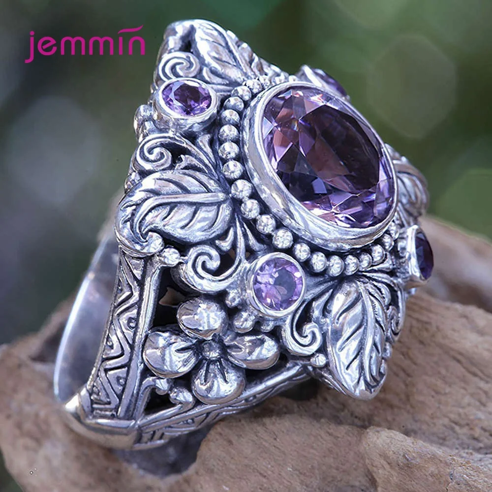 Punk-Stil, Vintage, 100 % Blume, 925er Sterlingsilber, rund, natürlicher Amethyst, Hochzeit, Verlobungsringe für Frauen, edler Schmuck Image