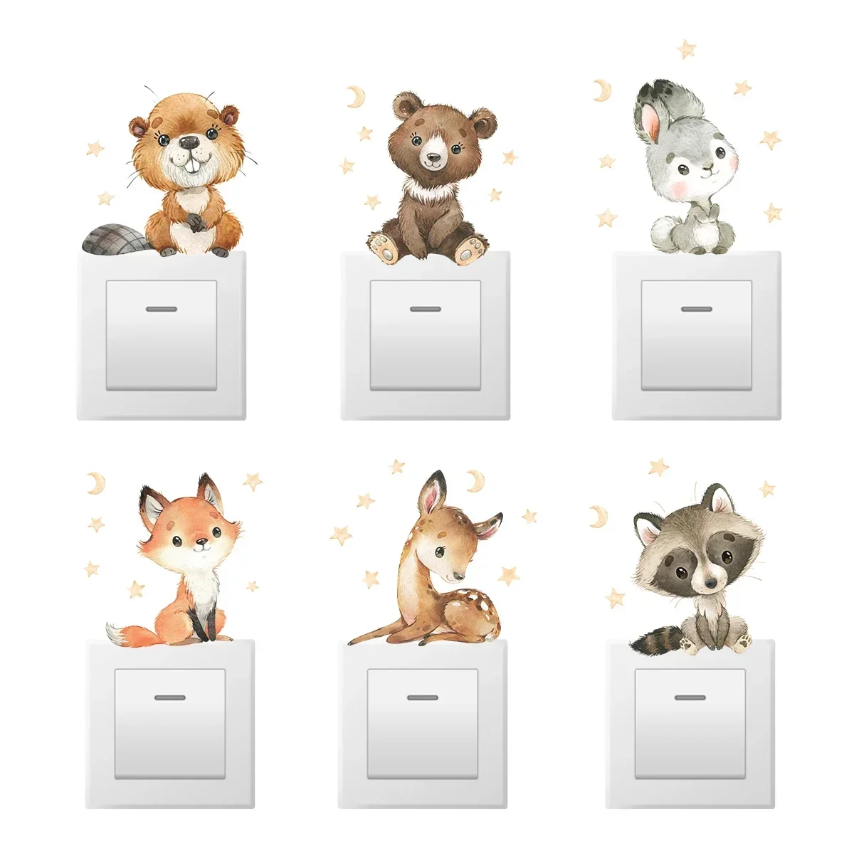6 Stück Cartoon Fuchs Eichhörnchen Kaninchen Tier Schalter Wandaufkleber für Kinderzimmer Schlafzimmer Kinderzimmer Heimdekoration Wandtattoos